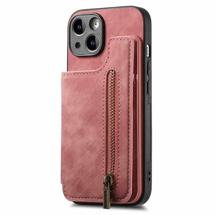 D15 For iPhone 14 Case Retro PU Leather+TPU Anti-drop Phone Cover with Zipper Wallet Kickstand