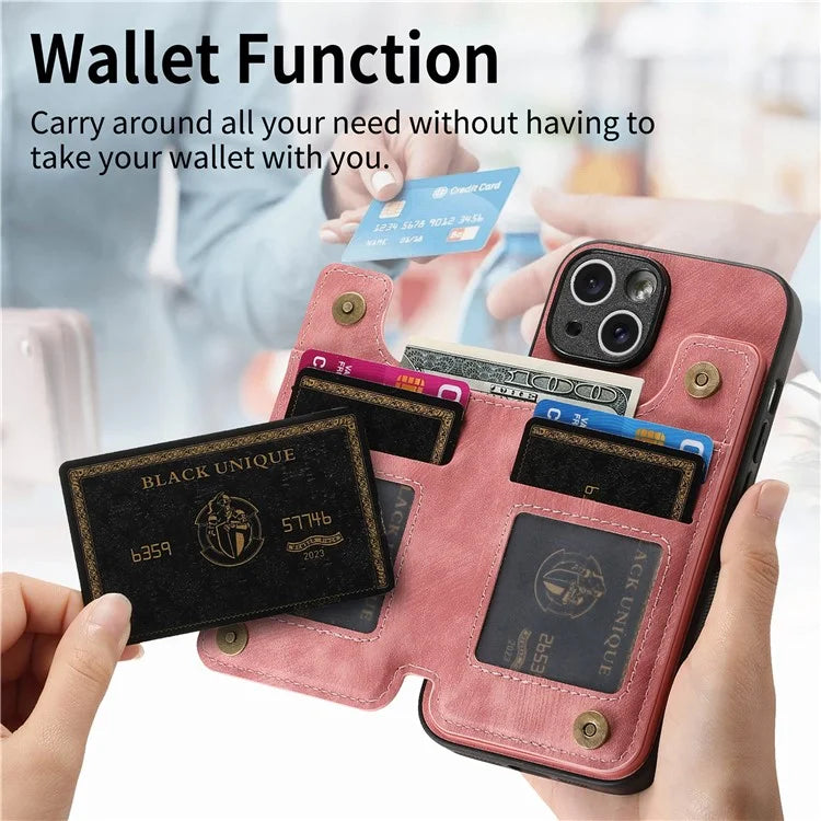 D15 For iPhone 14 Case Retro PU Leather+TPU Anti-drop Phone Cover with Zipper Wallet Kickstand