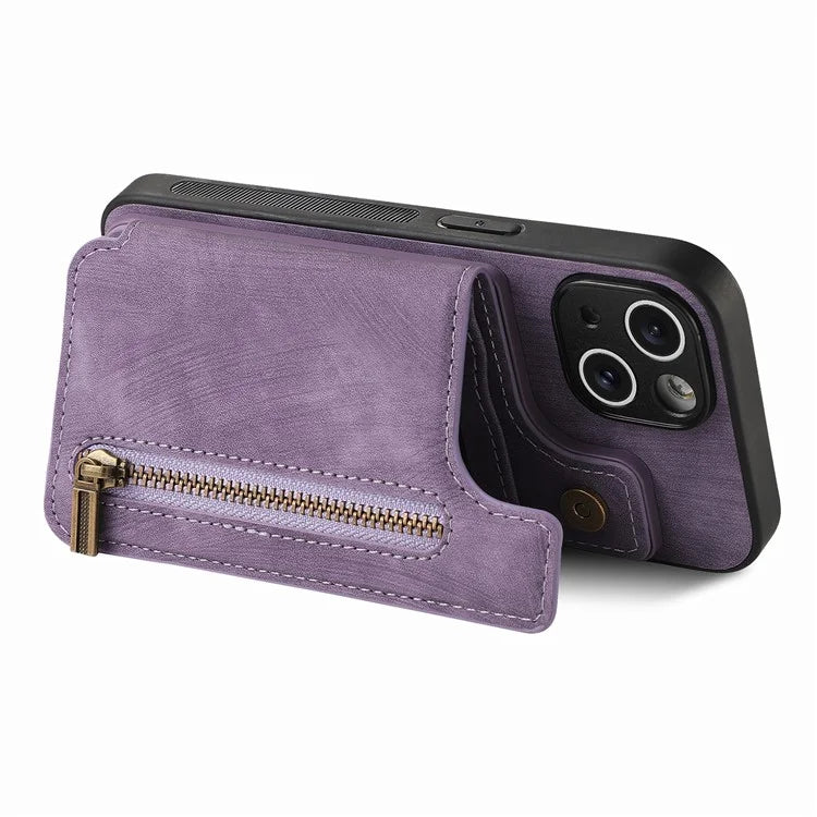 D15 For iPhone 14 Case Retro PU Leather+TPU Anti-drop Phone Cover with Zipper Wallet Kickstand