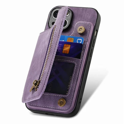 D15 For iPhone 14 Case Retro PU Leather+TPU Anti-drop Phone Cover with Zipper Wallet Kickstand