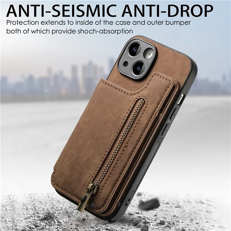 D15 For iPhone 14 Case Retro PU Leather+TPU Anti-drop Phone Cover with Zipper Wallet Kickstand