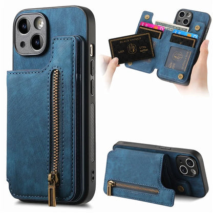 D15 For iPhone 14 Case Retro PU Leather+TPU Anti-drop Phone Cover with Zipper Wallet Kickstand