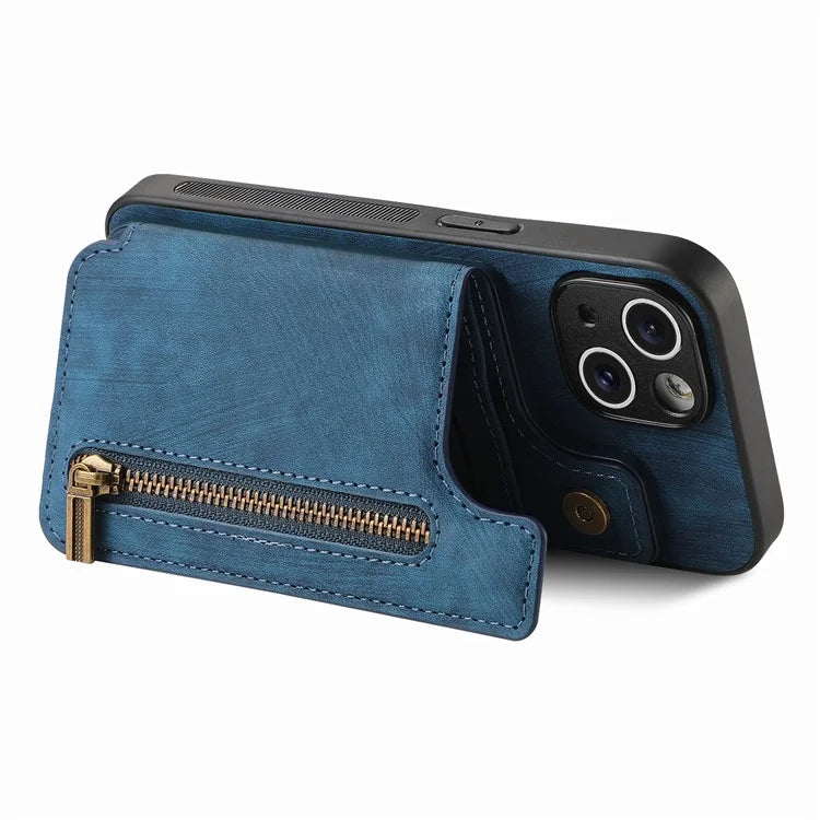 D15 For iPhone 14 Case Retro PU Leather+TPU Anti-drop Phone Cover with Zipper Wallet Kickstand