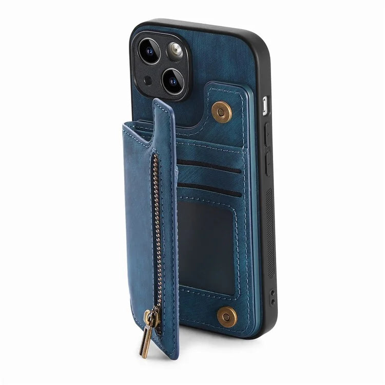 D15 For iPhone 14 Case Retro PU Leather+TPU Anti-drop Phone Cover with Zipper Wallet Kickstand