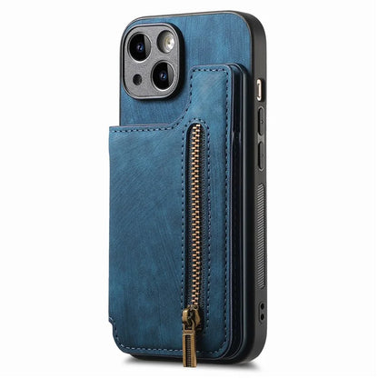 D15 For iPhone 14 Case Retro PU Leather+TPU Anti-drop Phone Cover with Zipper Wallet Kickstand