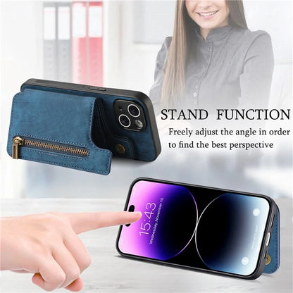 D15 For iPhone 14 Case Retro PU Leather+TPU Anti-drop Phone Cover with Zipper Wallet Kickstand