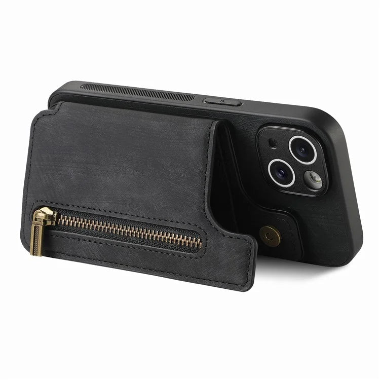 D15 For iPhone 14 Case Retro PU Leather+TPU Anti-drop Phone Cover with Zipper Wallet Kickstand