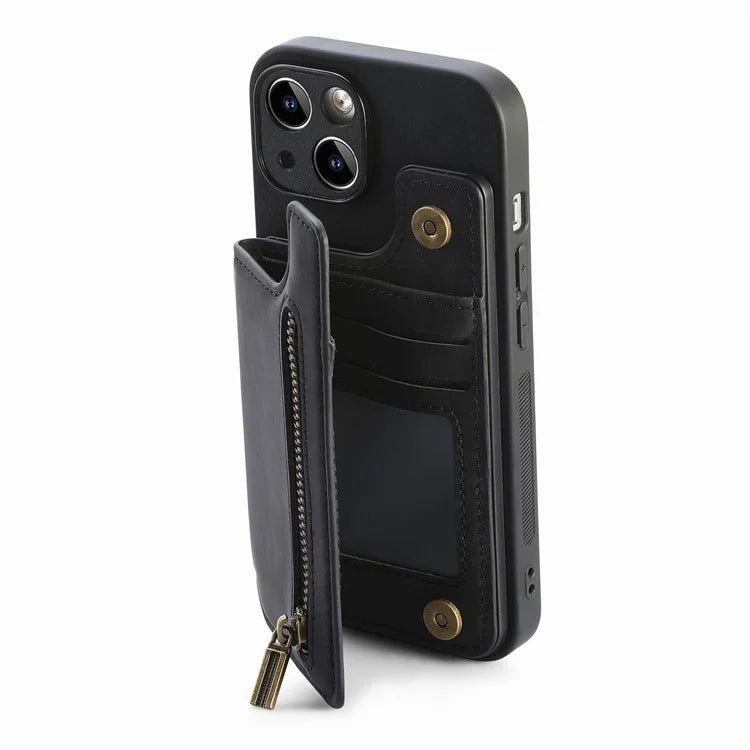D15 For iPhone 14 Case Retro PU Leather+TPU Anti-drop Phone Cover with Zipper Wallet Kickstand