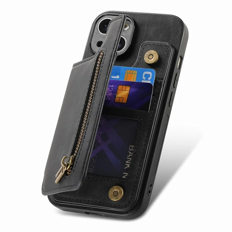 D15 For iPhone 14 Case Retro PU Leather+TPU Anti-drop Phone Cover with Zipper Wallet Kickstand