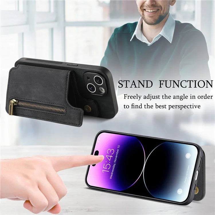 D15 For iPhone 14 Case Retro PU Leather+TPU Anti-drop Phone Cover with Zipper Wallet Kickstand