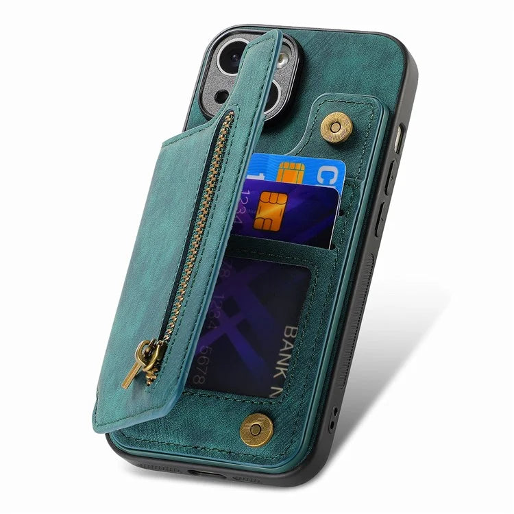 D15 For iPhone 14 Case Retro PU Leather+TPU Anti-drop Phone Cover with Zipper Wallet Kickstand