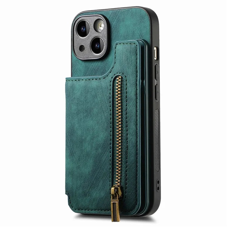 D15 For iPhone 14 Case Retro PU Leather+TPU Anti-drop Phone Cover with Zipper Wallet Kickstand