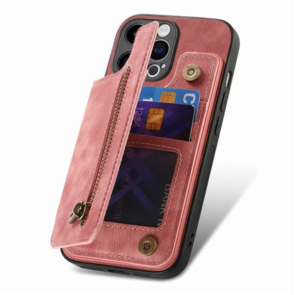 D15 For iPhone 14 Pro Case Retro PU+TPU Anti-Drop Phone Cover with Zipper Wallet Kickstand