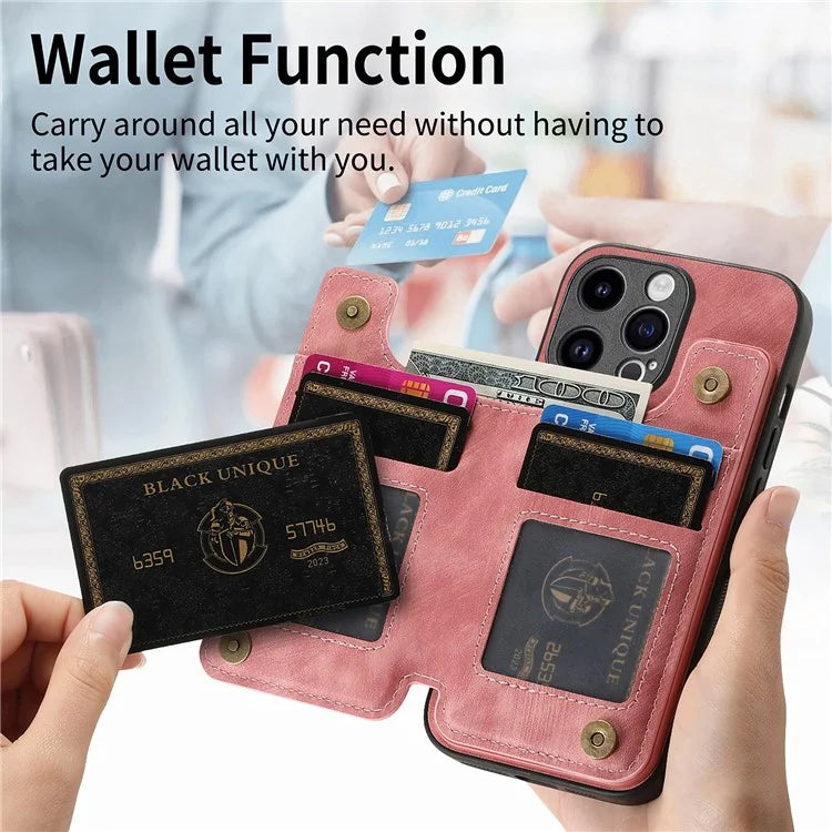 D15 For iPhone 14 Pro Case Retro PU+TPU Anti-Drop Phone Cover with Zipper Wallet Kickstand