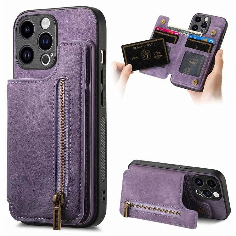 D15 For iPhone 14 Pro Case Retro PU+TPU Anti-Drop Phone Cover with Zipper Wallet Kickstand