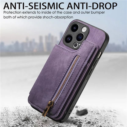 D15 For iPhone 14 Pro Case Retro PU+TPU Anti-Drop Phone Cover with Zipper Wallet Kickstand