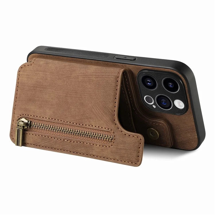 D15 For iPhone 14 Pro Case Retro PU+TPU Anti-Drop Phone Cover with Zipper Wallet Kickstand