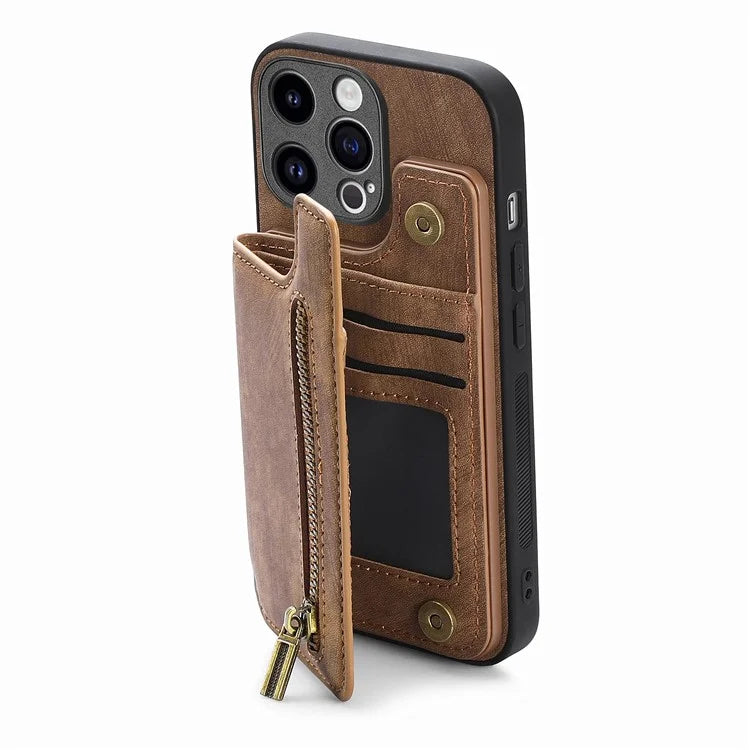 D15 For iPhone 14 Pro Case Retro PU+TPU Anti-Drop Phone Cover with Zipper Wallet Kickstand