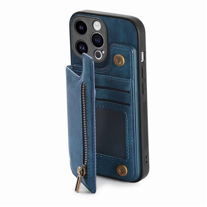 D15 For iPhone 14 Pro Case Retro PU+TPU Anti-Drop Phone Cover with Zipper Wallet Kickstand