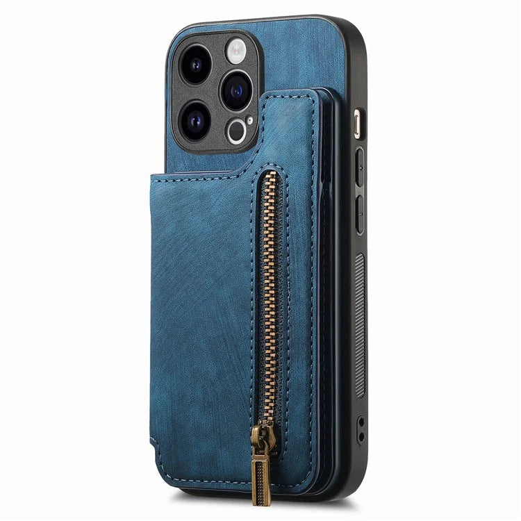 D15 For iPhone 14 Pro Case Retro PU+TPU Anti-Drop Phone Cover with Zipper Wallet Kickstand