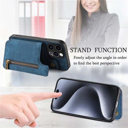 D15 For iPhone 14 Pro Case Retro PU+TPU Anti-Drop Phone Cover with Zipper Wallet Kickstand