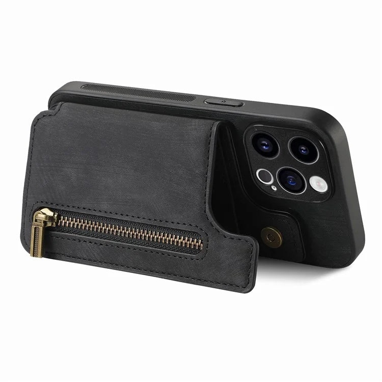 D15 For iPhone 14 Pro Case Retro PU+TPU Anti-Drop Phone Cover with Zipper Wallet Kickstand