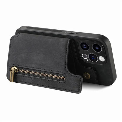 D15 For iPhone 14 Pro Case Retro PU+TPU Anti-Drop Phone Cover with Zipper Wallet Kickstand