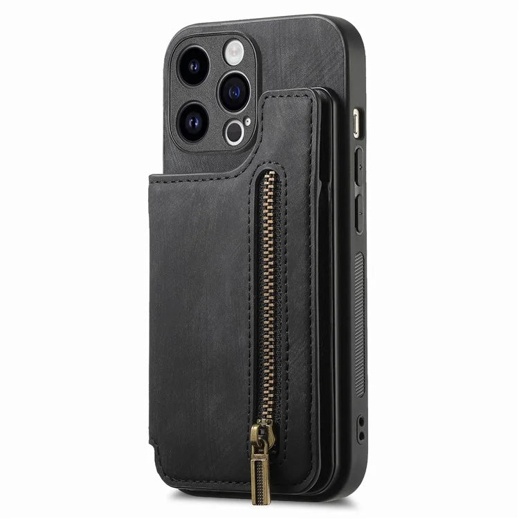D15 For iPhone 14 Pro Case Retro PU+TPU Anti-Drop Phone Cover with Zipper Wallet Kickstand