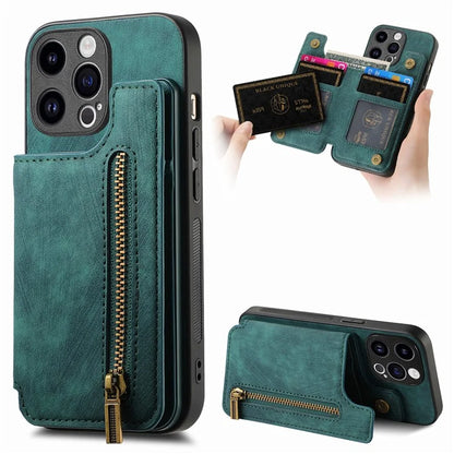 D15 For iPhone 14 Pro Case Retro PU+TPU Anti-Drop Phone Cover with Zipper Wallet Kickstand