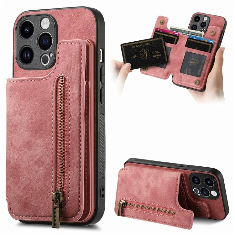 D15 For iPhone 14 Pro Max Case Zipper Wallet Retro PU+TPU Phone Cover with Kickstand