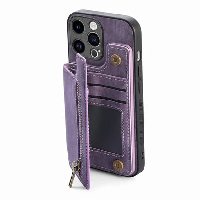 D15 For iPhone 14 Pro Max Case Zipper Wallet Retro PU+TPU Phone Cover with Kickstand