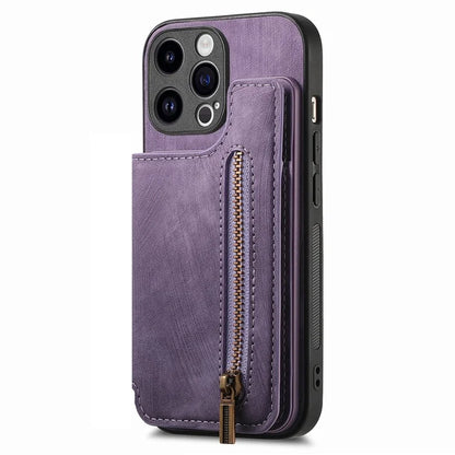 D15 For iPhone 14 Pro Max Case Zipper Wallet Retro PU+TPU Phone Cover with Kickstand