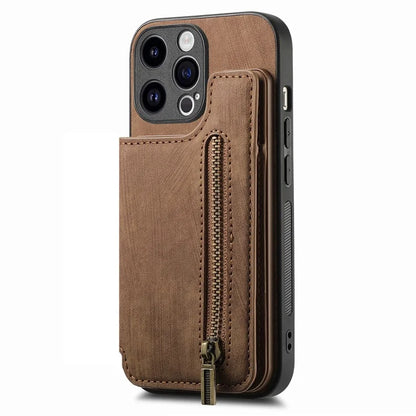 D15 For iPhone 14 Pro Max Case Zipper Wallet Retro PU+TPU Phone Cover with Kickstand