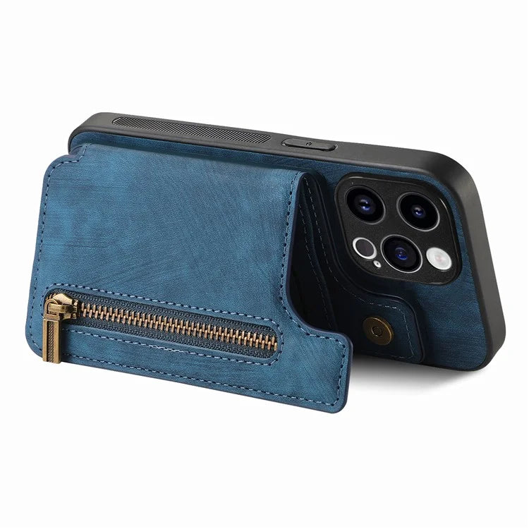 D15 For iPhone 14 Pro Max Case Zipper Wallet Retro PU+TPU Phone Cover with Kickstand