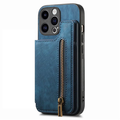 D15 For iPhone 14 Pro Max Case Zipper Wallet Retro PU+TPU Phone Cover with Kickstand