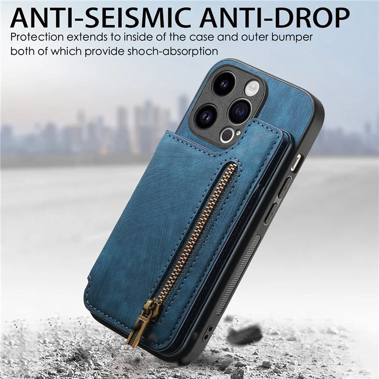 D15 For iPhone 14 Pro Max Case Zipper Wallet Retro PU+TPU Phone Cover with Kickstand