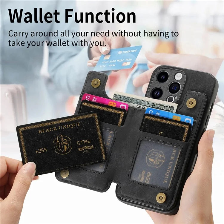 D15 For iPhone 14 Pro Max Case Zipper Wallet Retro PU+TPU Phone Cover with Kickstand