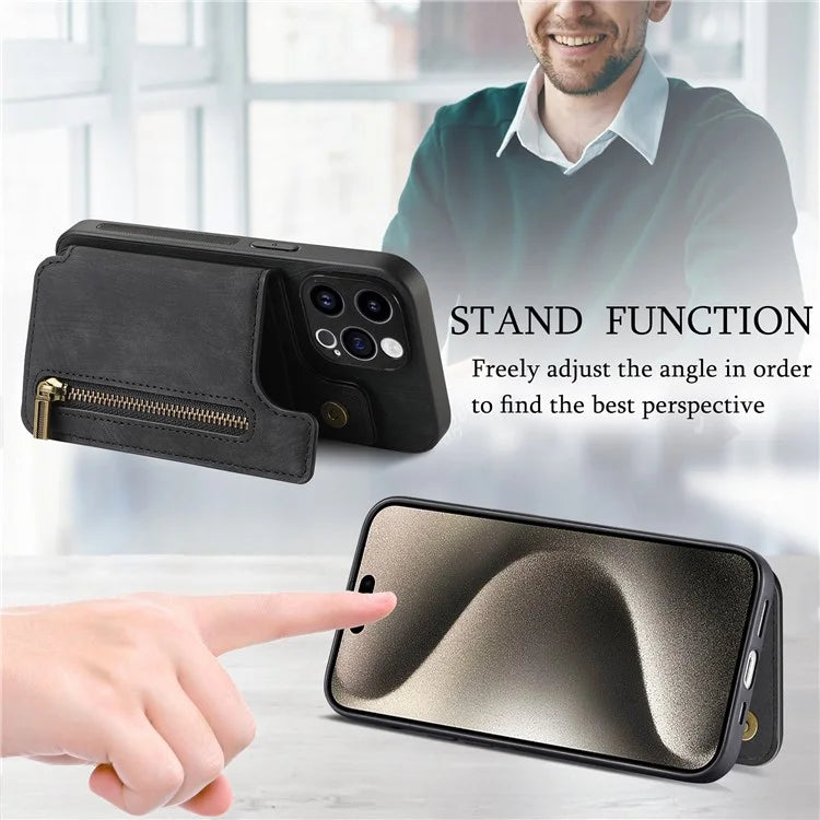 D15 For iPhone 14 Pro Max Case Zipper Wallet Retro PU+TPU Phone Cover with Kickstand