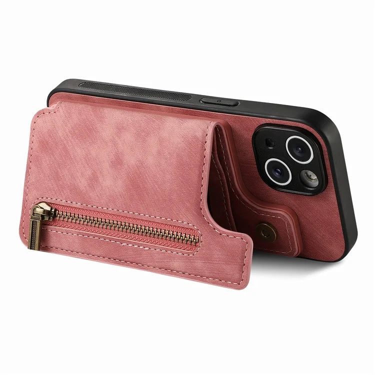 D15 For iPhone 15 Case Retro Kickstand Phone Cover PU+TPU Wallet Protective Shell