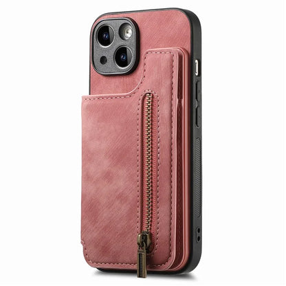 D15 For iPhone 15 Case Retro Kickstand Phone Cover PU+TPU Wallet Protective Shell