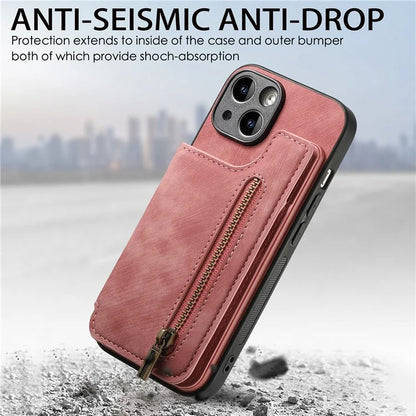 D15 For iPhone 15 Case Retro Kickstand Phone Cover PU+TPU Wallet Protective Shell