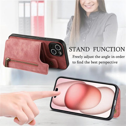 D15 For iPhone 15 Case Retro Kickstand Phone Cover PU+TPU Wallet Protective Shell