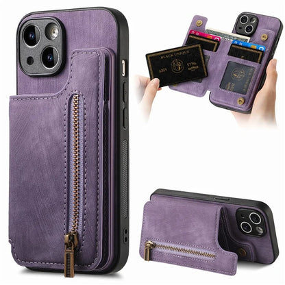 D15 For iPhone 15 Case Retro Kickstand Phone Cover PU+TPU Wallet Protective Shell