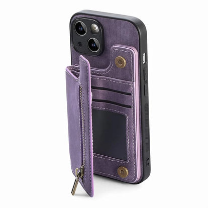 D15 For iPhone 15 Case Retro Kickstand Phone Cover PU+TPU Wallet Protective Shell