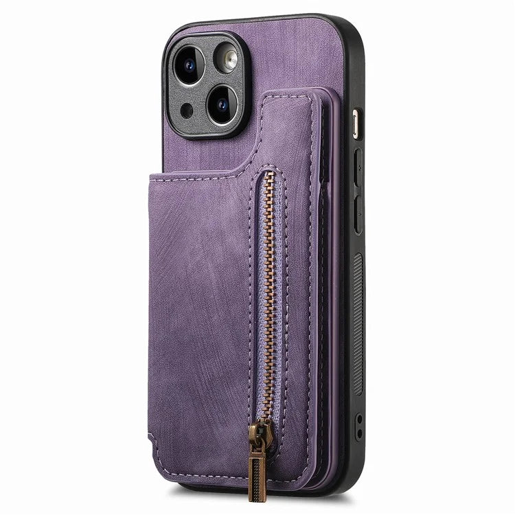 D15 For iPhone 15 Case Retro Kickstand Phone Cover PU+TPU Wallet Protective Shell