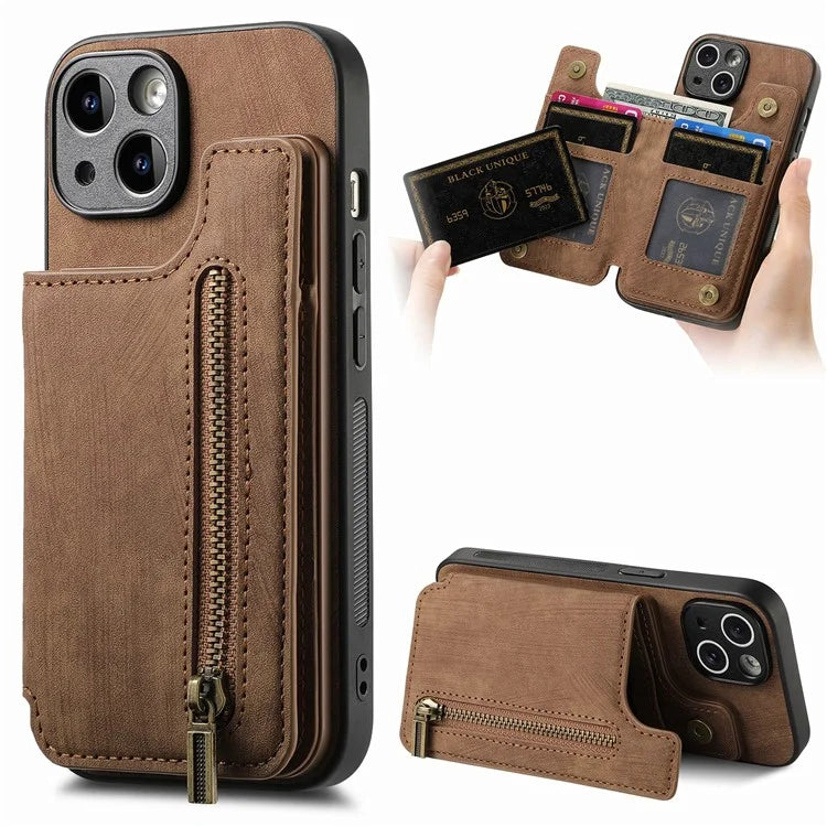D15 For iPhone 15 Case Retro Kickstand Phone Cover PU+TPU Wallet Protective Shell