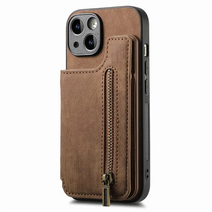 D15 For iPhone 15 Case Retro Kickstand Phone Cover PU+TPU Wallet Protective Shell