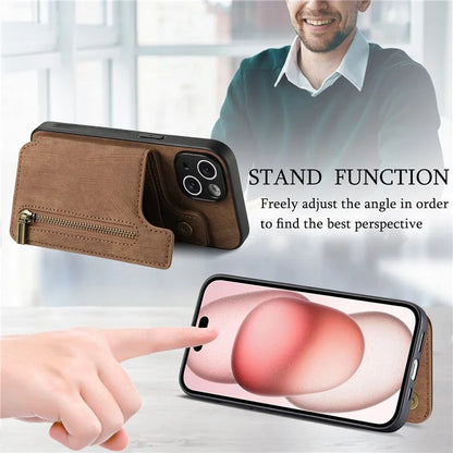 D15 For iPhone 15 Case Retro Kickstand Phone Cover PU+TPU Wallet Protective Shell