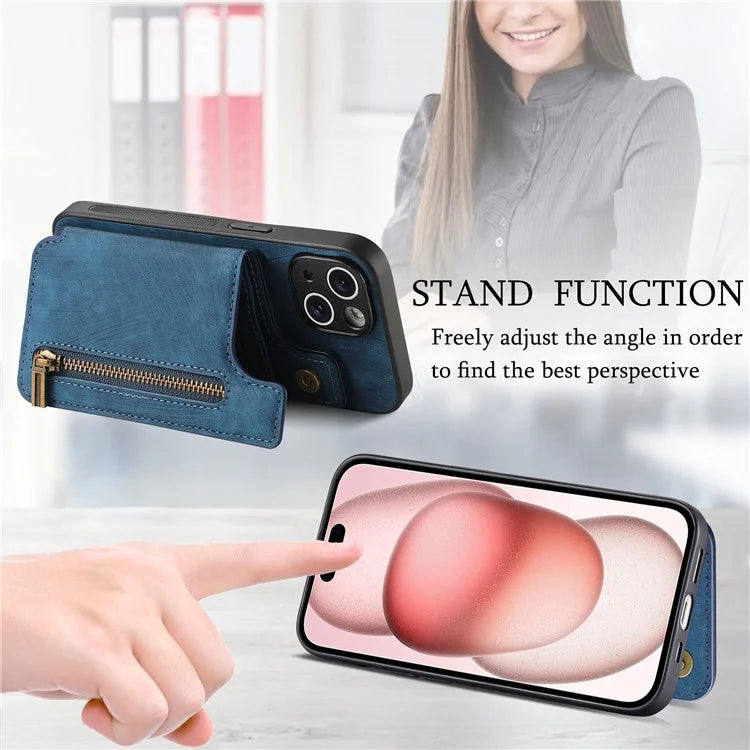 D15 For iPhone 15 Case Retro Kickstand Phone Cover PU+TPU Wallet Protective Shell