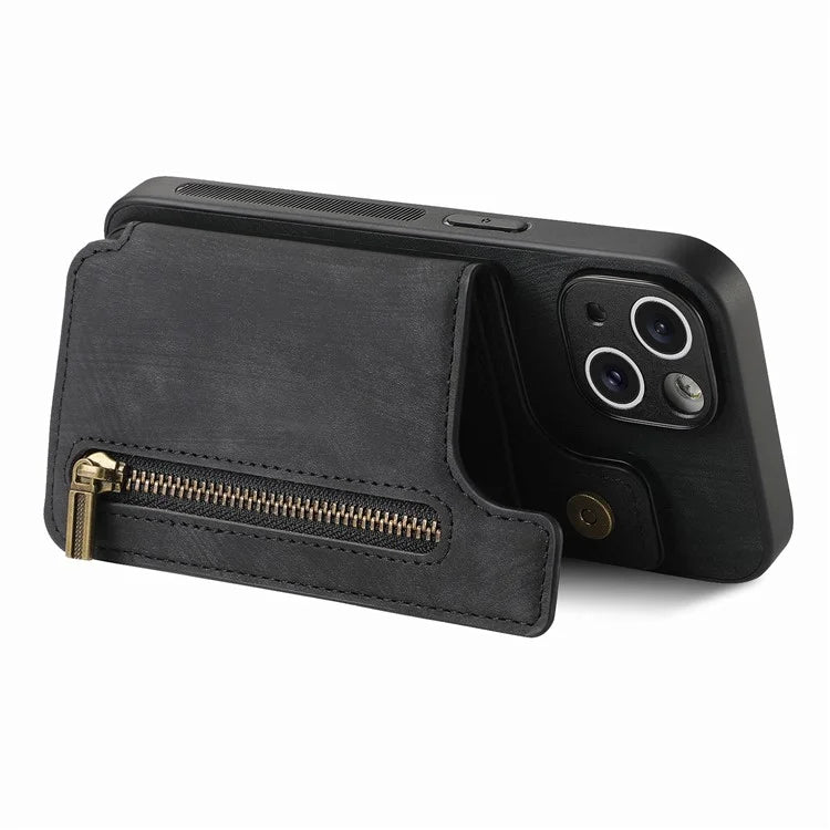 D15 For iPhone 15 Case Retro Kickstand Phone Cover PU+TPU Wallet Protective Shell